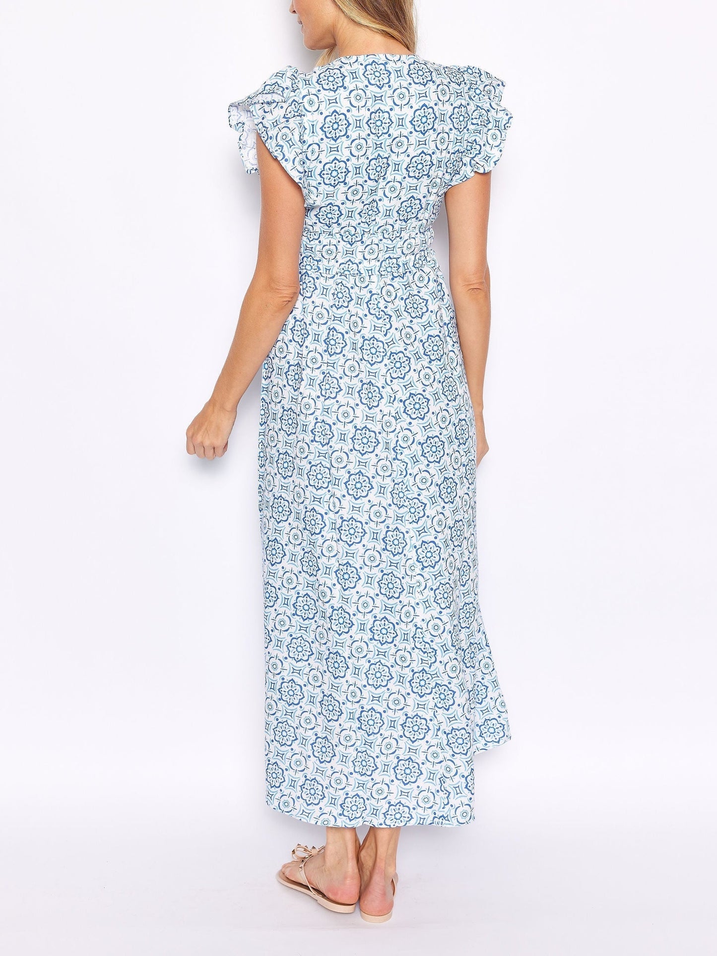 Blue Medallion V-Neck Flutter Sleeve Maxi Dress