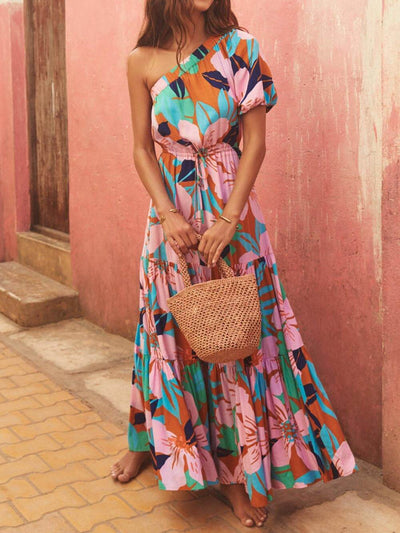 Off-Shoulder Palm Leaf Print Holiday Style Floral Dress