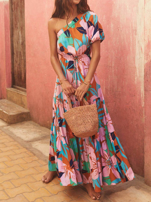 Off-Shoulder Palm Leaf Print Holiday Style Floral Dress