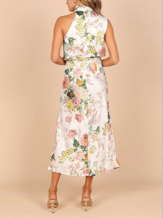 Halter Neck Floral Elastic Waist Maxi Dress