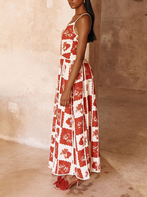 Unique Printed Floral Trim One Shoulder Flared Maxi Dress