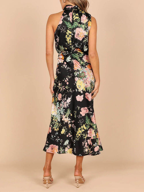 Halter Neck Floral Elastic Waist Maxi Dress
