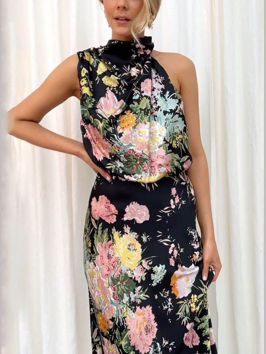 Halter Neck Floral Elastic Waist Maxi Dress