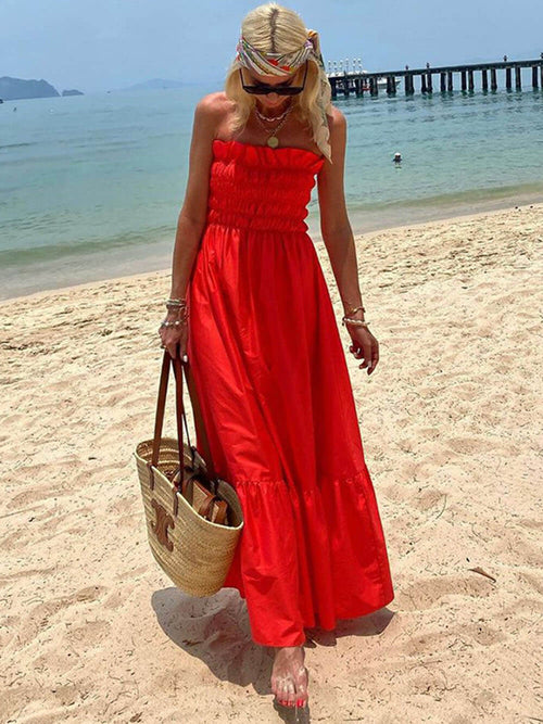 Off Shoulder Smocked Bust Vacation Maxi Dress