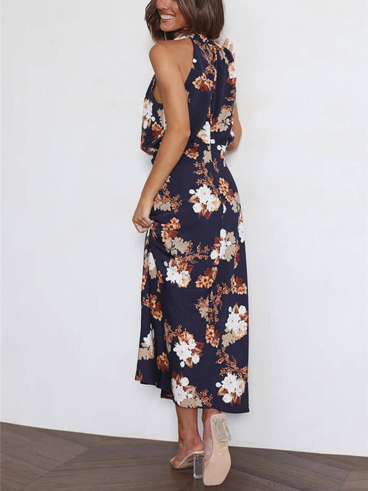 Halter Neck Floral Elastic Waist Maxi Dress