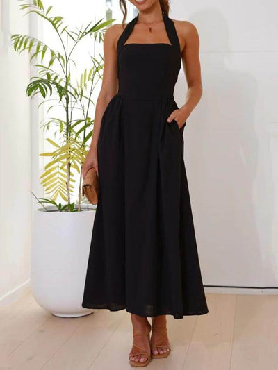 Waist Little Black Halter Neck Dress Mid Length Dress