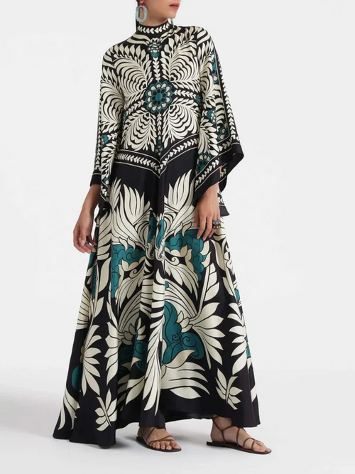 Elegance Floral Print Waterfall Sleeves Maxi Dress