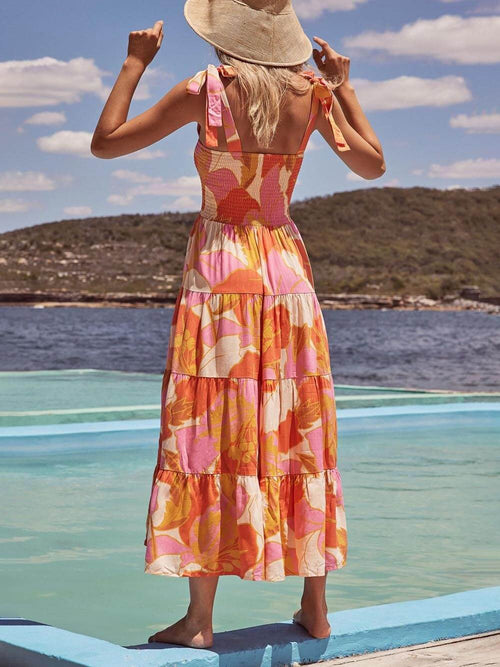 Sleeveless Sea Charm Pleated Stretch Chest Print Cami Dress