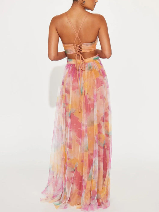 Elegant Painted Floral Print V-Neck A-Line Maxi Dress
