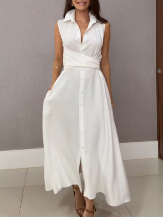 Unique Shirt Style Single-breasted Tie Midi Dress