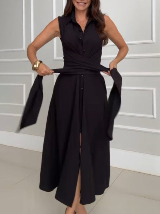Unique Shirt Style Single-breasted Tie Midi Dress