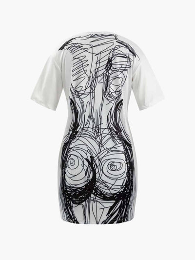 Abstract Line Print Short Sleeve Mini Dress