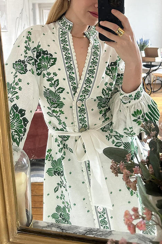 Unique Print Button Down Long Sleeve Shirt Maxi Dress